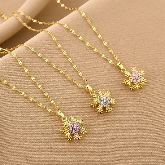 Elegant Snowflake Titanium Steel Inlay Zircon Pendant Necklace 1 Piece