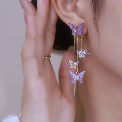 Super Fairy Purple Butterfly Dancing Long Tassel Earrings Romantic Gentle Earless Ear Clip And Then We Danced