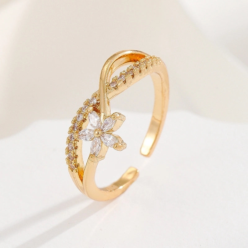 Lady Heart Shape Crown Flower Copper Zircon Inlay Open Rings