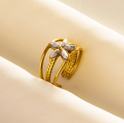 304 Stainless Steel 18K Gold Plated Classical Vintage Style Classic Style Inlay Geometric Flower Artificial Gemstones Imitating Stone Open Rings