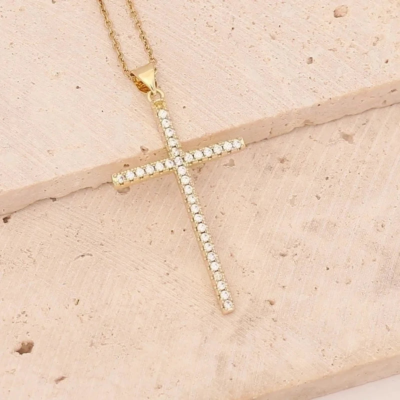 Stainless Steel Copper 18K Gold Plated Fashion Inlay Cross Zircon Pendant Necklace