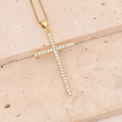 Stainless Steel Copper 18K Gold Plated Fashion Inlay Cross Zircon Pendant Necklace