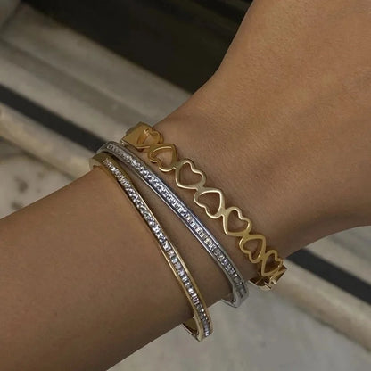 Elegant Shiny Solid Color 304 Stainless Steel 18K Gold Plated Zircon Bangle In Bulk