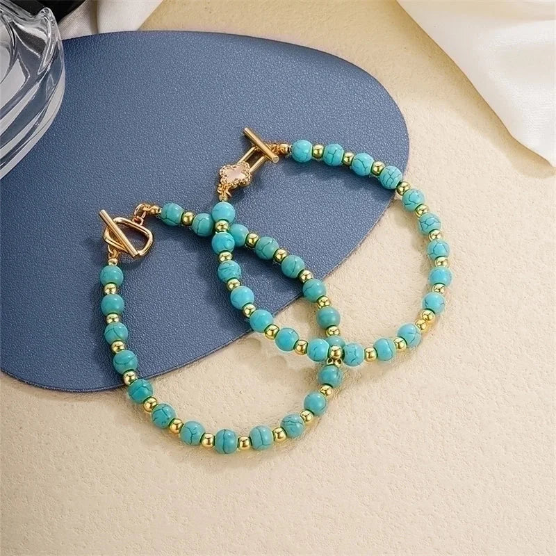Vintage Style Ethnic Style Geometric 304 Stainless Steel Turquoise K Gold Plated Bracelets In Bulk