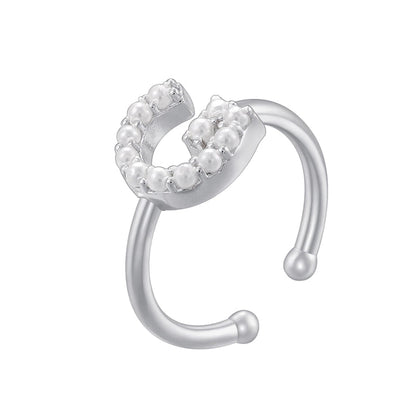 Copper 18K Gold Plated Plating Inlay Letter Artificial Pearls Open Rings