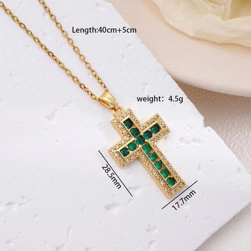 304 Stainless Steel Copper Inlay Cross Zircon Pendant Necklace