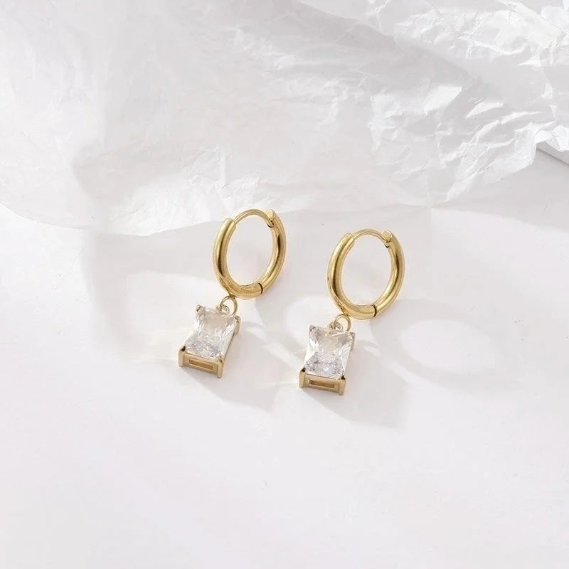 1 Pair Retro Round Square Inlay 304 Stainless Steel Zircon Gold Plated Drop Earrings