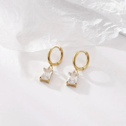 1 Pair Retro Round Square Inlay 304 Stainless Steel Zircon Gold Plated Drop Earrings