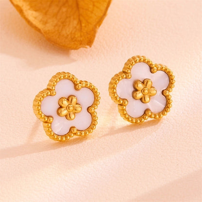 Sweet Minimalist Flower Titanium Steel Artificial Gemstones Turquoise Shell Inlay Jewelry Set