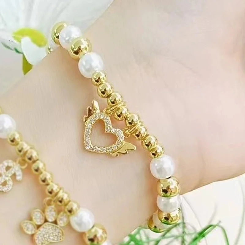 Casual Vacation Minimalist Human Heart Shape Footprint Copper Zircon 18K Gold Plated Beaded Plating Inlay Bracelets