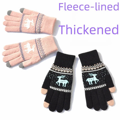 Adults Winter Warm Plus Velvet Padded Knitted Gloves Elk Christmas Tree Jacquard Touch Screen Gloves