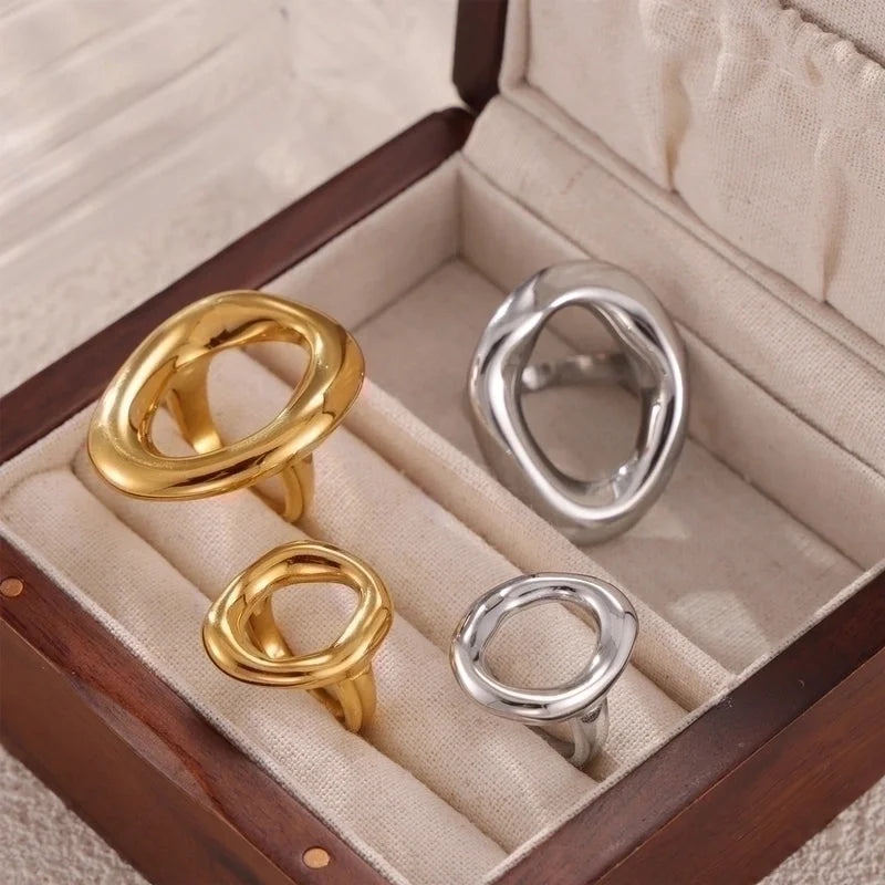 IG Style Minimalist Korean Style Oval 304 Stainless Steel 18K Gold Plated Hollow Out Rings