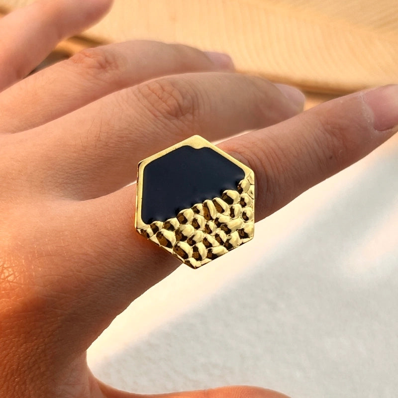 Casual Retro Hexagon 304 Stainless Steel 18K Gold Plated Enamel Open Rings