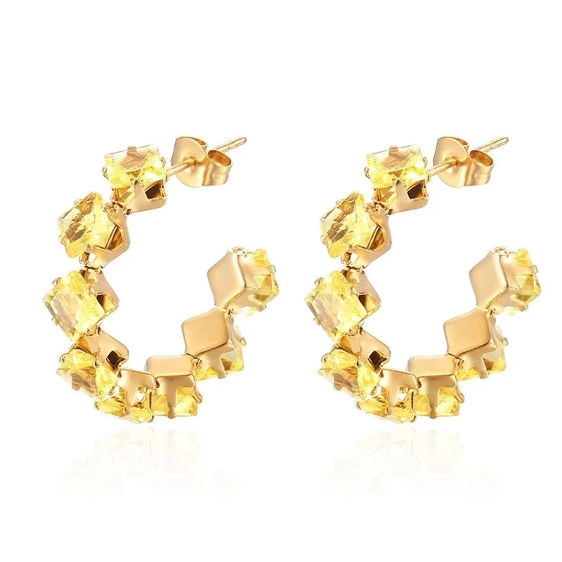 1 Pair IG Style Baroque Style Shiny C Shape Rhombus Inlay 316 Stainless Steel Zircon 18K Gold Plated Ear Studs