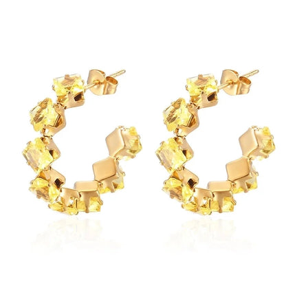 1 Pair IG Style Baroque Style Shiny C Shape Rhombus Inlay 316 Stainless Steel Zircon 18K Gold Plated Ear Studs