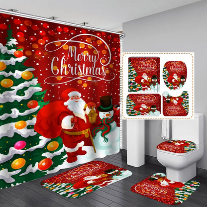 Cute Classic Style Christmas House Santa Claus Snowman Polyester Shower Curtain Bathing