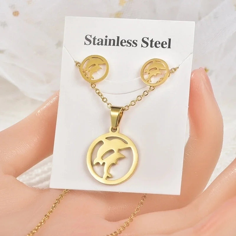 Fashion Heart Shape Butterfly Bird Titanium Steel Plating Women's Earrings Necklace