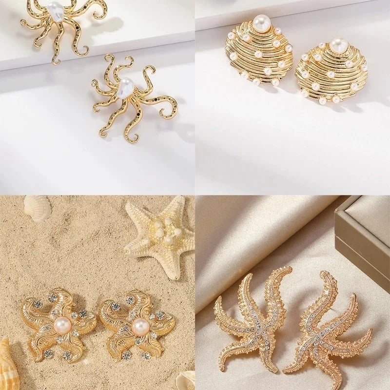 1 Pair Retro Beach Minimalist Starfish Shell Inlay Alloy Rhinestones Pearl Gold Plated Ear Studs