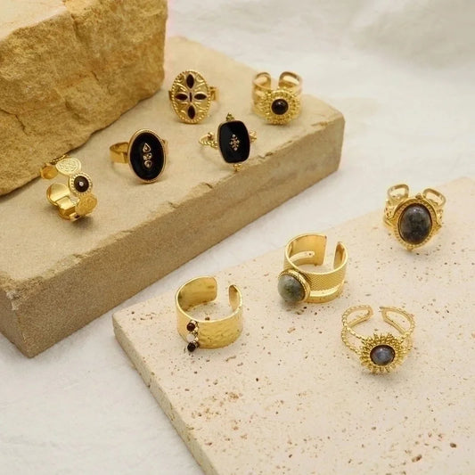 2 Pieces Vintage Style Geometric 304 Stainless Steel Natural Stone 14K Gold Plated Plating Open Ring