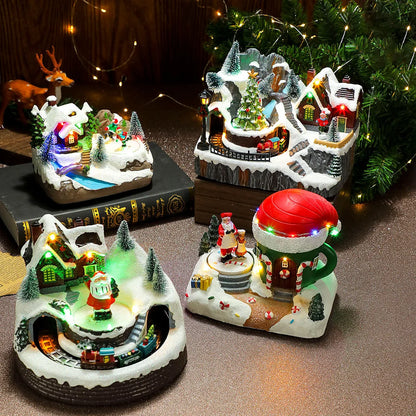 Multiple Christmas Rotating Resin Glowing Music Box Ornaments Rotating Small Train Christmas Gift