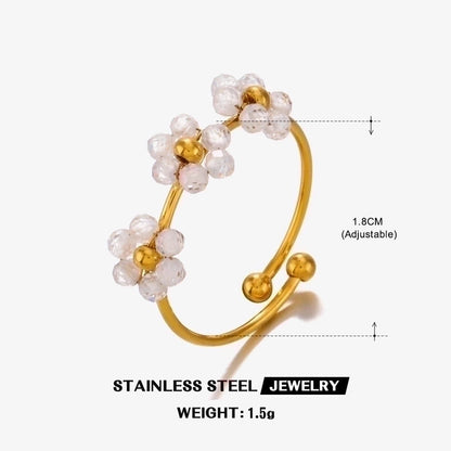 IG Style Sweet Flower 304 Stainless Steel 18K Gold Plated Beaded Knitting Open Rings