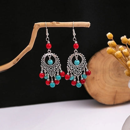 Bohemian Blue Turquoise National Style Earrings Imitation Miao Silver Metal Earrings Vintage Tassel Earrings