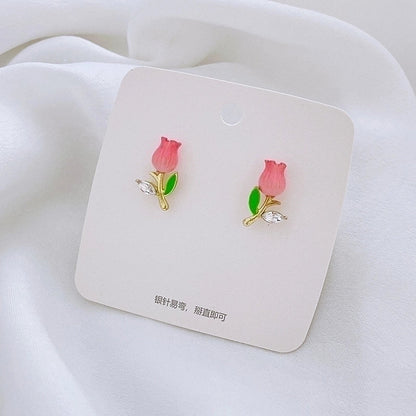 1 Pair Fairy Style Sweet Leaf Flower Spray Paint Inlay Imitation Pearl Alloy Opal Zircon Earrings