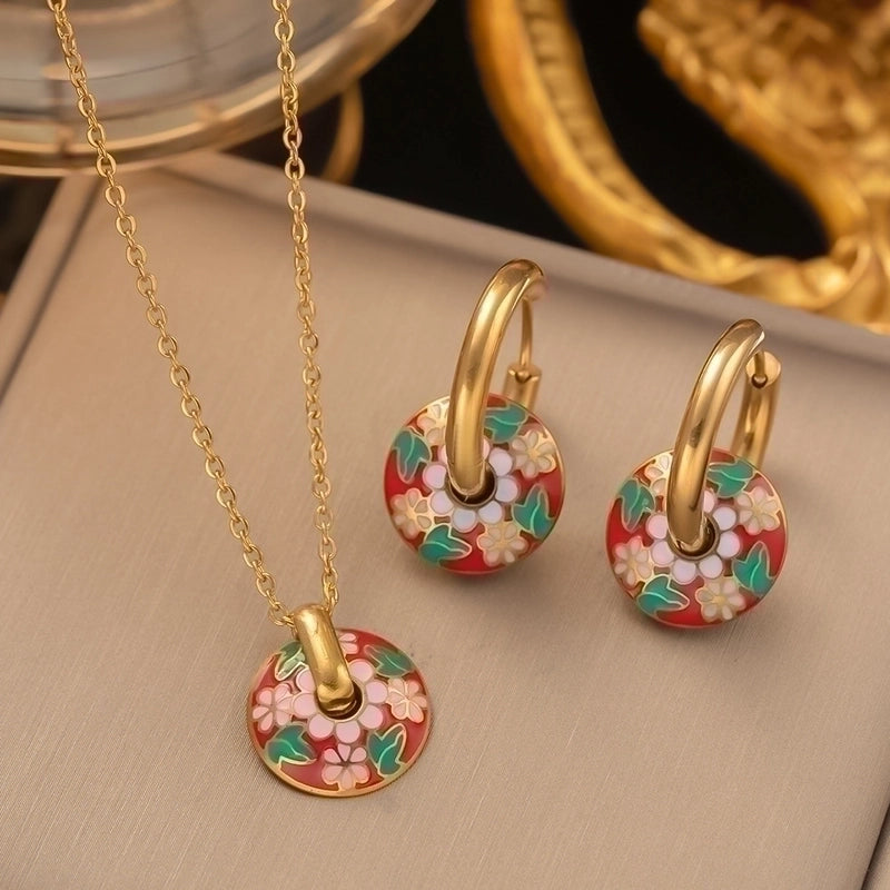 304 Stainless Steel 18K Gold Plated Retro Plating Flower Acrylic Artificial Rhinestones Resin Earrings Necklace
