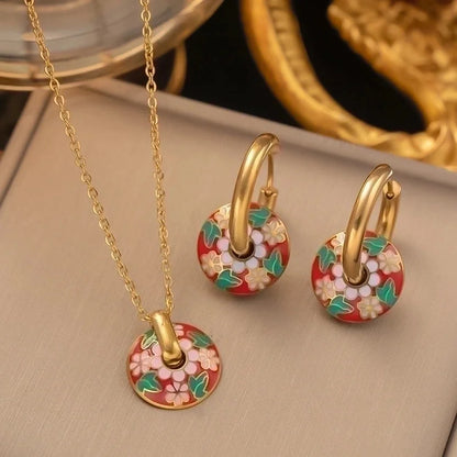 304 Stainless Steel 18K Gold Plated Retro Plating Flower Acrylic Artificial Rhinestones Resin Earrings Necklace