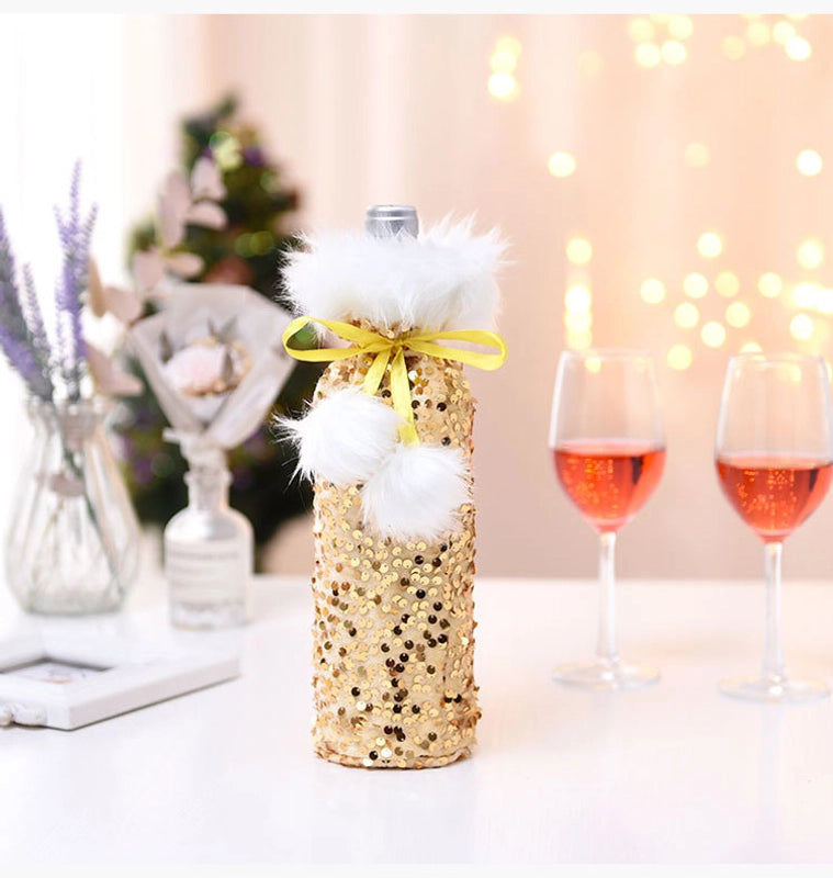 Cross-border New Arrival Christmas Decorations European And American Sequins Bottle Cover Plush Drawstring Wine Gift Box Hotel Dining Table Dress Up