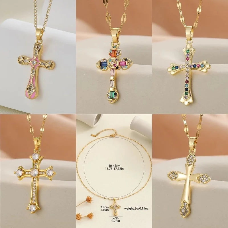 Copper Inlay Cross Rhinestones Pendant Necklace