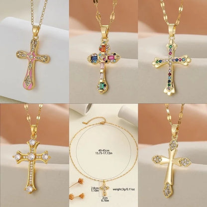 Copper Inlay Cross Rhinestones Pendant Necklace
