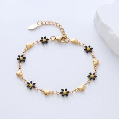 Sweet Minimalist Heart Shape Flower 304 Stainless Steel 18K Gold Plated Bracelets In Bulk