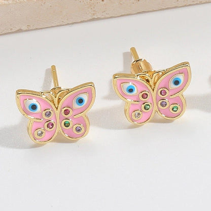 1 Pair Elegant Minimalist Commute Eye Butterfly Enamel Inlay Copper Zircon 14K Gold Plated Ear Studs