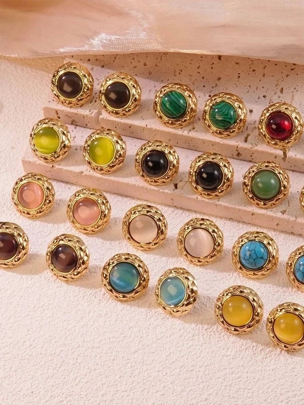 1 Pair Elegant French Style Round Inlay 304 Stainless Steel Artificial Gemstones Natural Stone Ear Studs