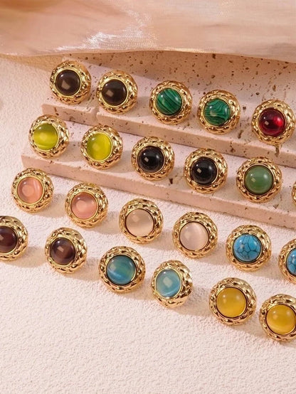 1 Pair Elegant French Style Round Inlay 304 Stainless Steel Artificial Gemstones Natural Stone Ear Studs