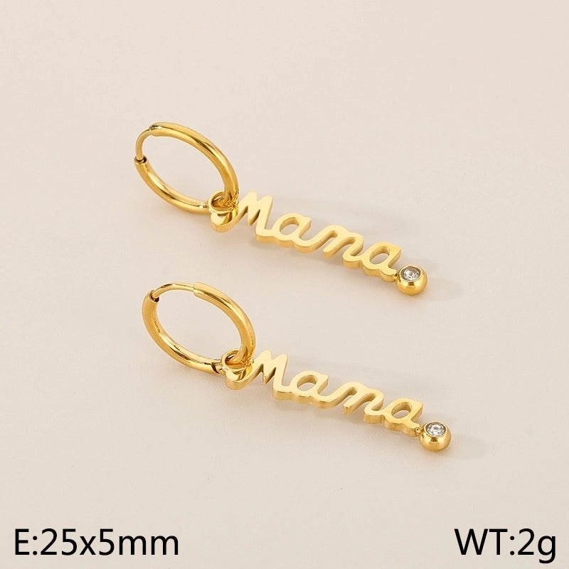 304 Stainless Steel 18K Gold Plated MAMA Minimalist Inlay Letter Zircon Earrings Necklace