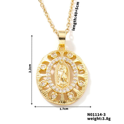 Vintage Style Classic Style Geometric Round Virgin Mary 304 Stainless Steel Copper Zircon K Gold Plated Inlay Pendant Necklace