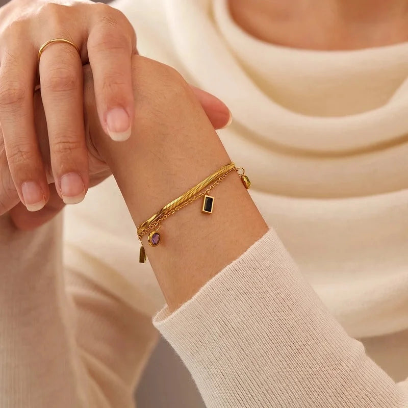 IG Style Minimalist Korean Style Geometric 304 Stainless Steel Cable Chain Snake Chain Multi Charms Bracelet In Bulk