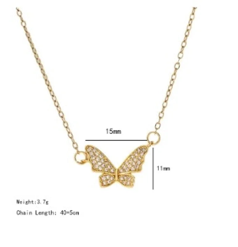 304 Stainless Steel Copper 18K Gold Plated K Gold Plated Inlay Heart Shape Wings Butterfly Zircon Pendant Necklace