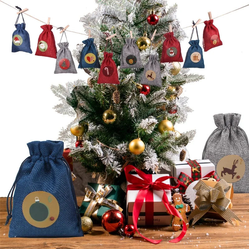 Christmas Bag Linen Drawstring Colorful Cartoon Gift Bag Amazon Christmas Suit 24 Candy Gift Bags