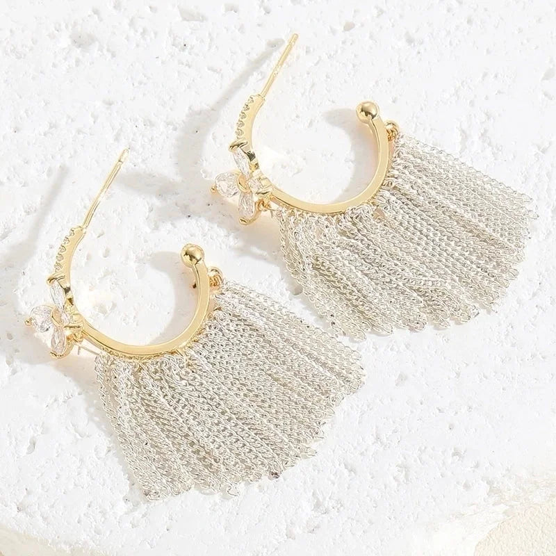 1 Pair Elegant Tassel Sequins Plating Inlay Brass Zircon 14k Gold Plated White Gold Plated Drop Earrings