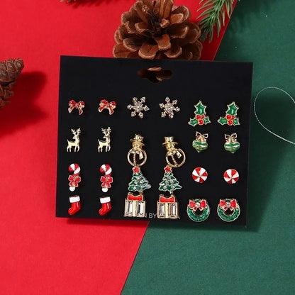 Cute Christmas Tree Christmas Socks Snowflake Alloy Enamel Plating Inlay Rhinestones Ear Studs 1 Set