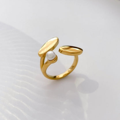 Retro French Style Geometric Titanium Steel Pearl Inlay Rings