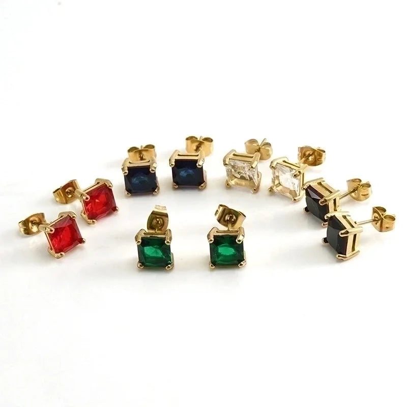 1 Pair Retro Square Inlaid Zircon 304 Stainless Steel Zircon 18K Gold Plated Stainless Steel Earrings