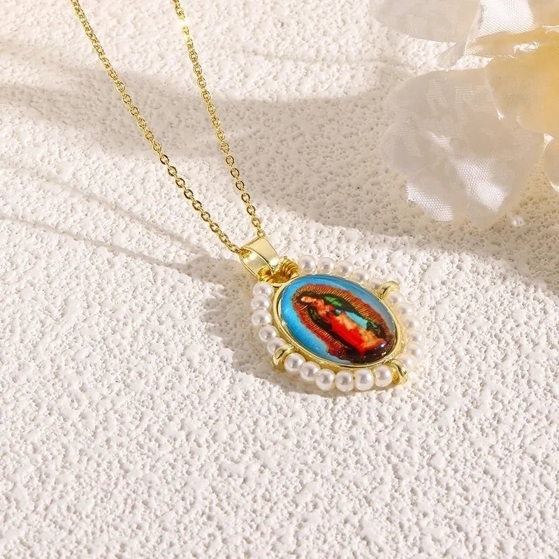 Copper 18K Gold Plated Inlay Human Virgin Mary Acrylic Imitation Pearl Pendant Necklace