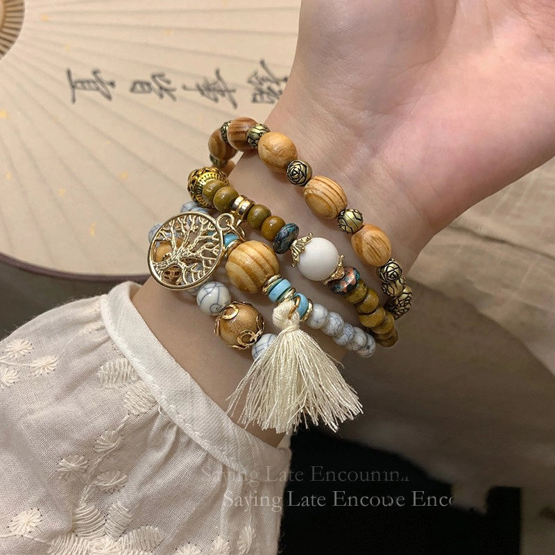 Casual Ethnic Style Round Tree Wings Pu Leather Wooden Beads Bodhi Beaded Braid Women's Bracelets