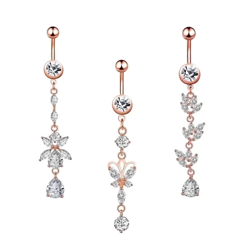 Minimalist Water Droplets Flower Butterfly Stainless Steel Inlay Zircon Women's Belly Ring