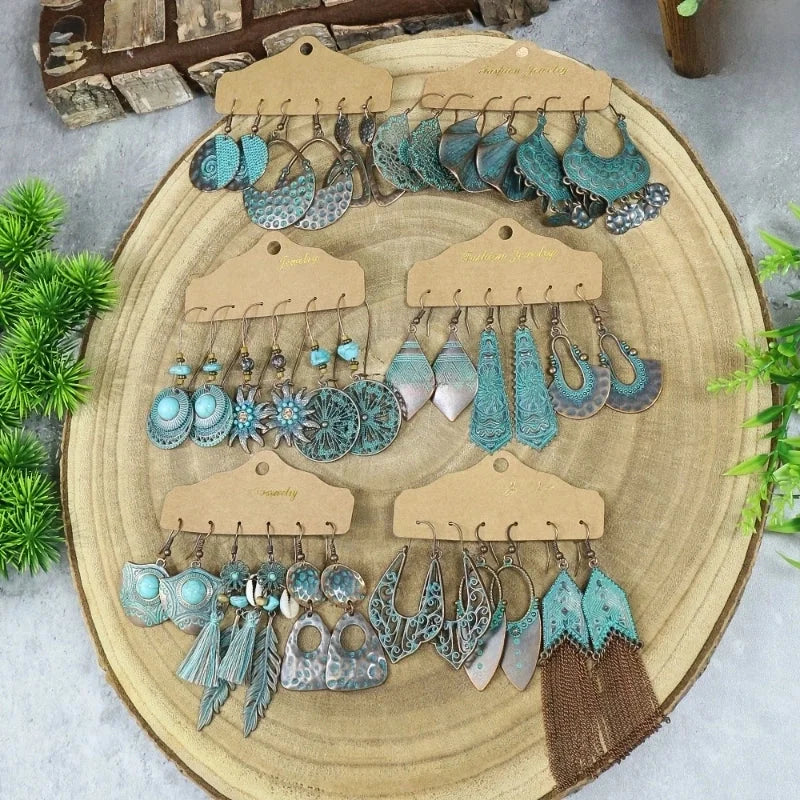 Hot 3-piece Vintage Red Earrings Set Geometric Turquoise Tassel Bohemian Minority Earrings