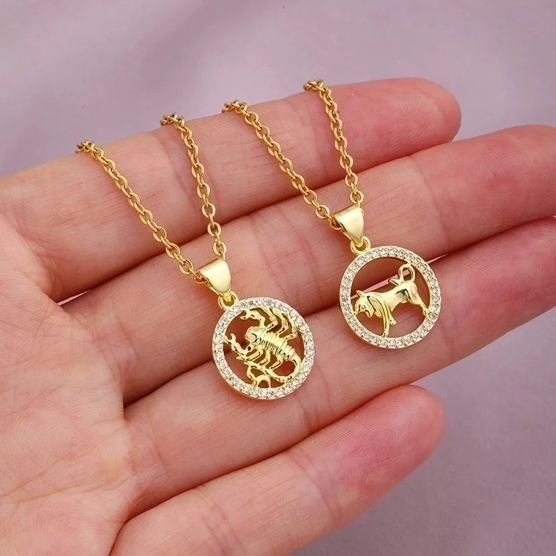 Fashion Twelve Constellation Copper Inlaid Zircon Gold Plated Stainless Steel Pendant Necklace